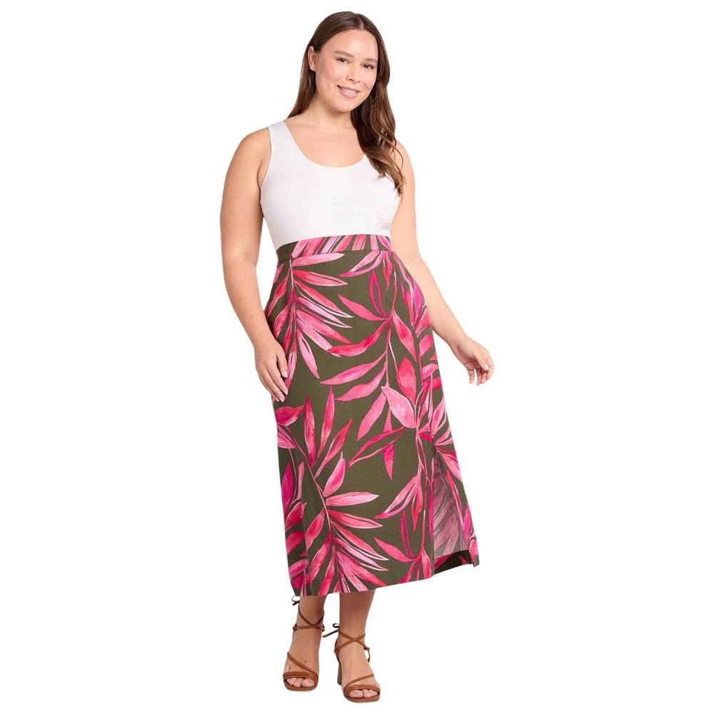 Time & Tru Maxi Skirt Slit Side XL (16-18) Olive Green Pink Tropical Linen Blend